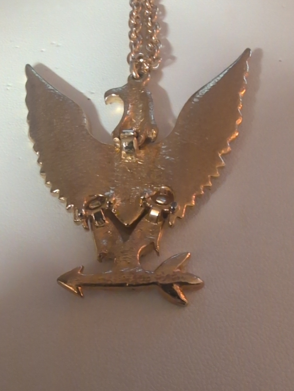 Articulated Gold-Tone Eagle Pendant Necklace with Red & Cream Enamel Shield - Picture 3 of 4